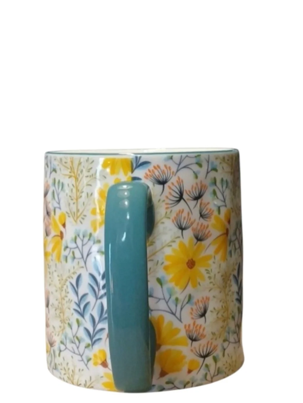 Floral Ceramic Coffee Mug with Teal Handle - Yellow Flower Pattern